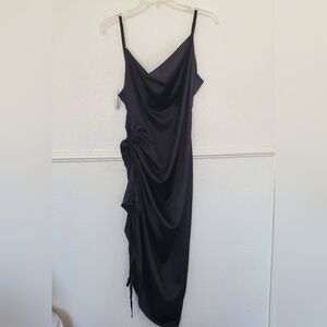 Elegant Black Satin Dress Rushed Side Adjustable Size L‎ Fits Like M